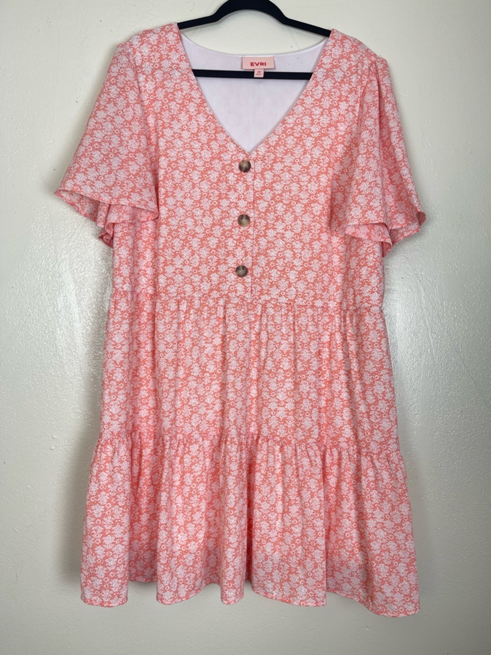 EVRI peach and white Floral Button-Front Tiered Dress 1x